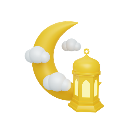 Croissant de lune et nuage avec lanterne  3D Illustration