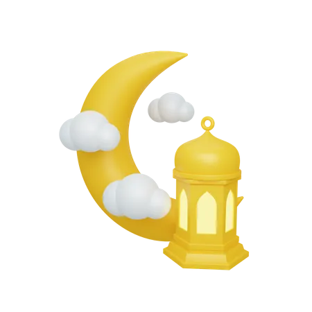 Croissant de lune et nuage avec lanterne  3D Illustration