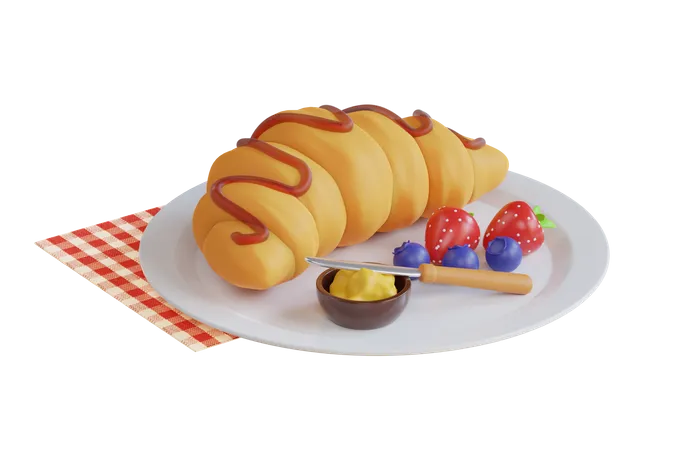 Ilustracion 3 D De Croissant Frances Realista Ilustracion 3 D De Desayuno Con Croissant Pasteleria Tradicional Francesa Para El Diseno De Menus De Panaderia Restaurante O Cafeteria 3D Icon