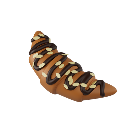 Croissant with chocolate glaze and almond flakes 3D Illustration
