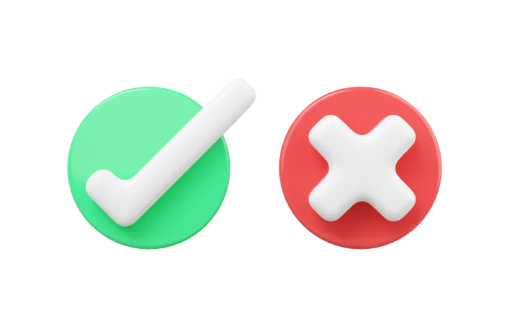 3 D Realistic Cross And Check Mark Button Icon Red Green Glossy Round With Right Wrong Floating On Transparent Symbol Choice Vote Ok Yes No Concept Cartoon Icon Minimal Style 3 D Rendering 3D Icon