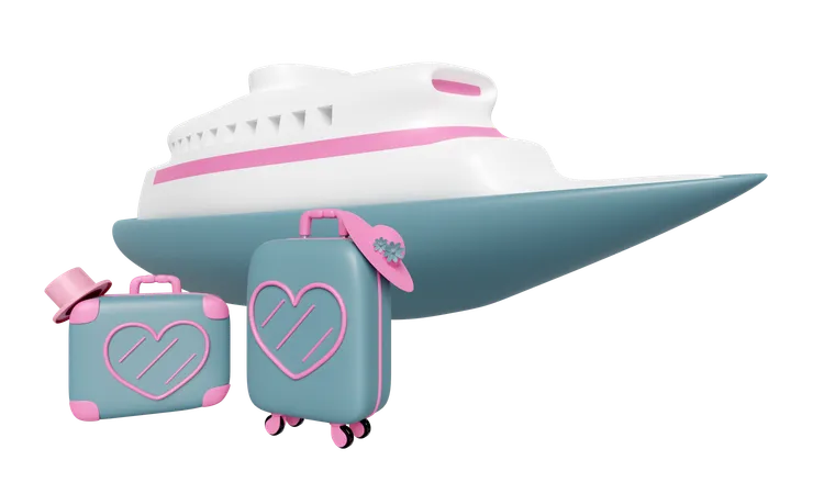 3 D Close Suitcase With Heart Shaped Pattern Hat Cruise Ship Isolated Summer Travel Concept 3 D Render Illustration 3D Icon