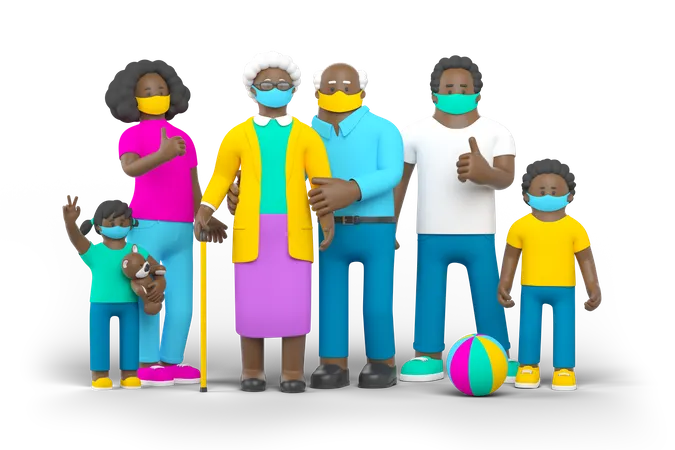 Familia negra en cuarentena  3D Illustration
