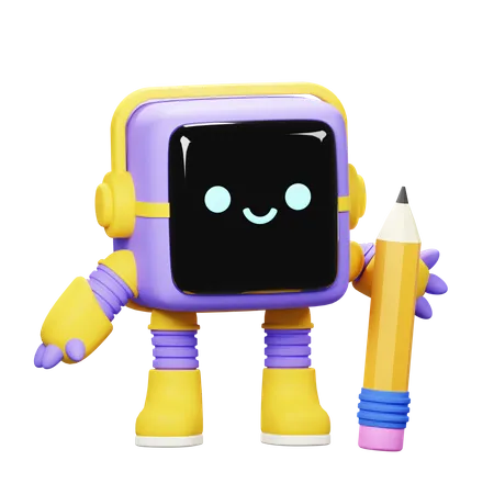 Cube robot holding a pencil  3D Illustration