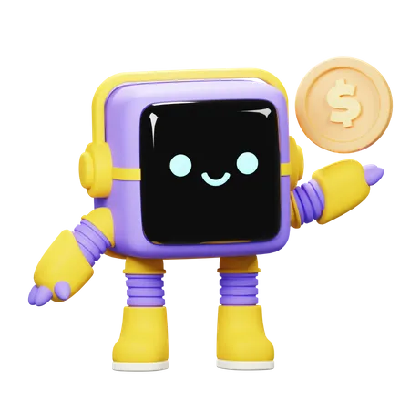 Cube robot with Coin  3D Illustration