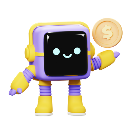 Cube robot with Coin  3D Illustration