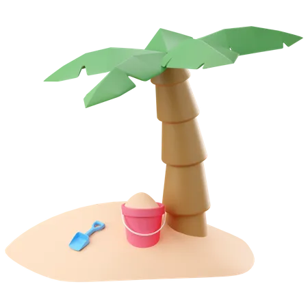 Cubo de arena con palmera de coco.  3D Icon