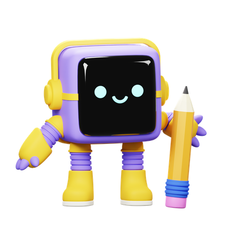 Robot cubo sosteniendo un lápiz  3D Illustration