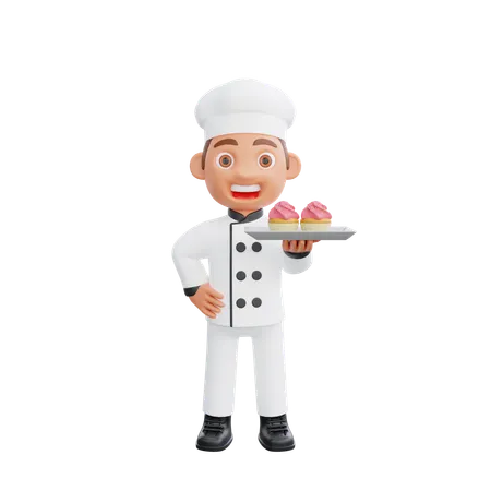 Cue Chef Holding Cupcake  3D Illustration