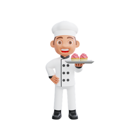 Cue Chef Holding Cupcake  3D Illustration