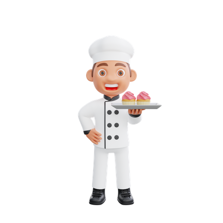 Cue Chef sosteniendo cupcake  3D Illustration