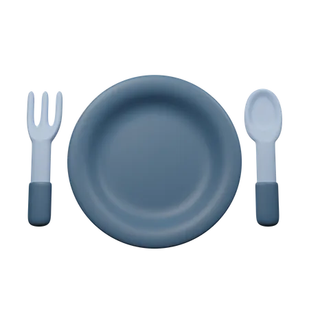 Cuillère, fourchette et assiette  3D Icon