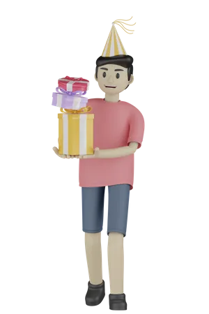 Cumpleañero sosteniendo regalos  3D Illustration