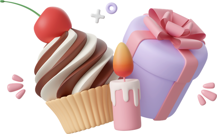 Cupcake de cumpleaños y caja de regalo  3D Icon