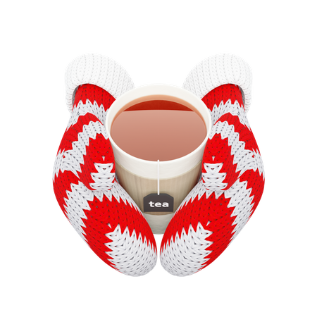 Cup of hot tea in knitted red mittens  3D Icon