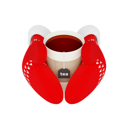 Cup of hot tea in knitted red mittens  3D Illustration