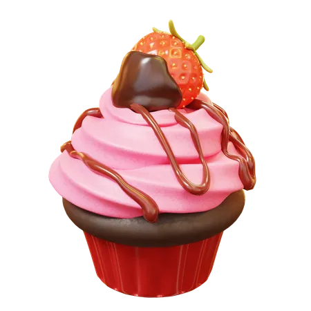 Cute Cartoon 3 D Strawberry Pink Cupcake With Chocolate And Strawberry Sauce Dessert Sweet Food Muffin Happy Valentines Day Anniversary Wedding Love Concept 3D Icon