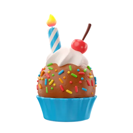 3 D Birthday Icon Cupcake With Candle And Cherry 3D Icon