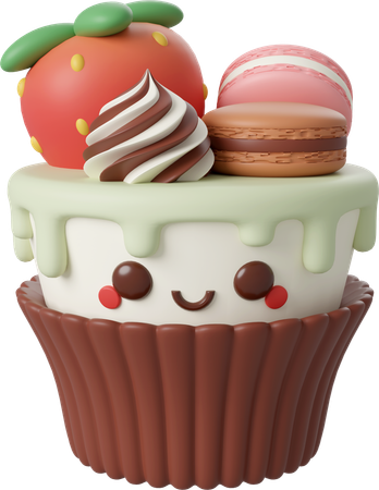 Cupcake with macaron and strawberry  3D Icon