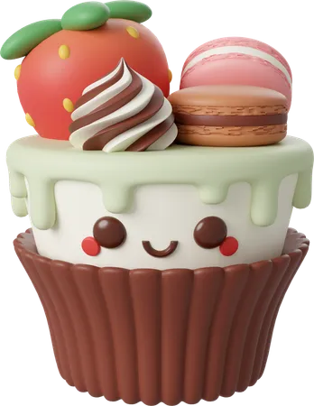 Cupcake with macaron and strawberry  3D Icon