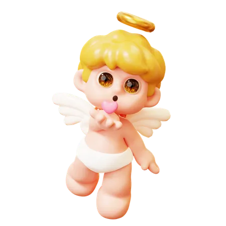 3 D Cute Cartoon Funny Cupid Blowing Little Pink Heart Kiss Little Angels Or Amur Cute Little Kids With Heart Wings Happy Valentines Day Love And Romantic Concept 3D Icon