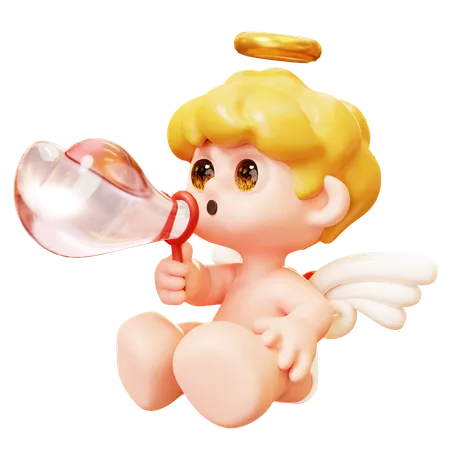 3 D Cute Cartoon Funny Cupid Blowing Love Potion Little Angels Or Amur Cute Little Kids With Heart Wings Happy Valentines Day Love And Romantic Concept 3D Icon