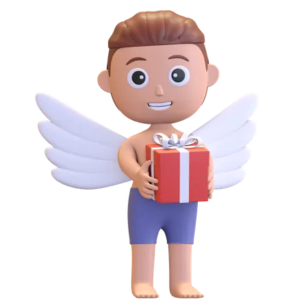 Cupid Boy Holding Gift Box  3D Illustration