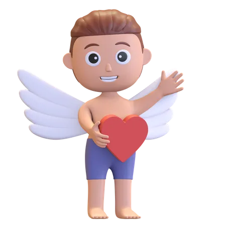 Cupid Boy Character Holding Heart And Waving Hand Valentine Day Love Symbol 3 D Render Illustration 3D Illustration