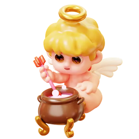 3 D Cute Cartoon Funny Cupid Cupid Brewing Love Potion And Dip The Love Bow In Cauldron Little Angels Or Amur Cute Little Kids With Heart Wings Happy Valentines Day Love And Romantic Concept 3D Icon