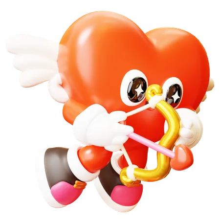 3 D Cute Cartoon Red Heart Character Cupid Shooting With Bow And Arrow Happy Valentines Day Love Couple Concept Romantic Mascot 3D Illustration