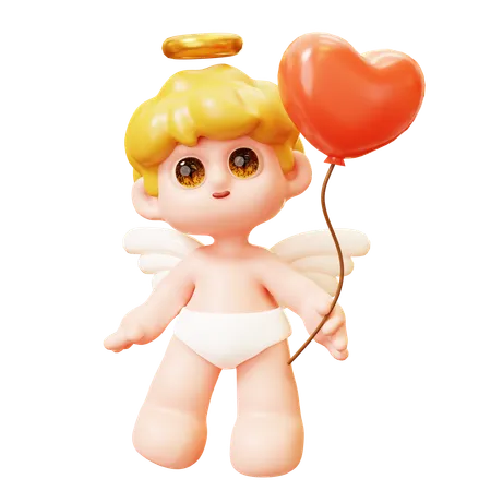 3 D Cute Cartoon Funny Cupid Cupid Holding Heart Balloon Little Angels Or Amur Cute Little Kids With Heart Wings Happy Valentines Day Love And Romantic Concept 3D Icon