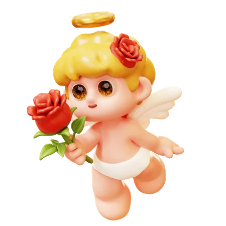 3 D Cute Cartoon Funny Cupid Holding Rose Little Angels Or Amur Cute Little Kids With Heart Wings Happy Valentines Day Love And Romantic Concept 3D Icon