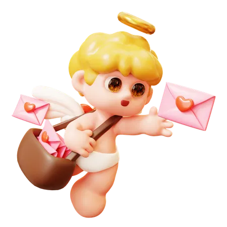 3 D Cute Cartoon Funny Cupid Sending Love Pink Letter And A Lot Of Letter In His Bag Little Angels Or Amur Cute Little Kids With Heart Wings Happy Valentines Day Love And Romantic Concept 3D Icon