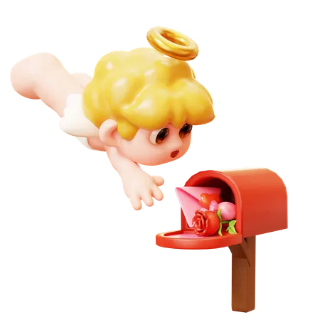 3 D Cute Cartoon Funny Cupid Sending Valentine Gift In Mailbox Little Angels Or Amur Cute Little Kids With Heart Wings Happy Valentines Day Love And Romantic Concept 3D Icon