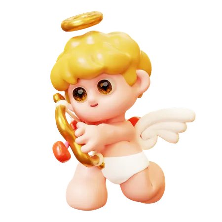 3 D Cute Cartoon Funny Cupid Shooting Bow Little Angels Or Amur Cute Little Kids With Heart Wings Happy Valentines Day Love And Romantic Concept 3D Icon