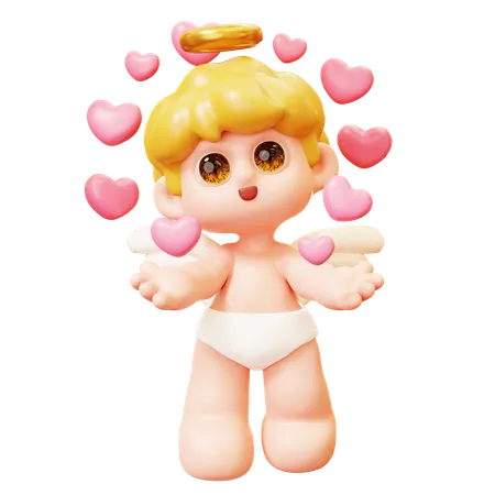 3 D Cute Cartoon Funny Cupid Spreading Love A Lot Of Pink Heart Around Him Little Angels Or Amur Cute Little Kids With Heart Wings Happy Valentines Day Love And Romantic Concept 3D Icon