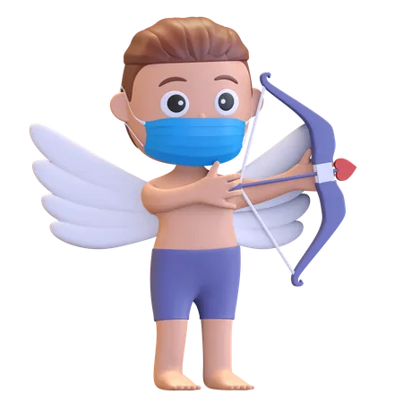 Cupid Wearing Mask Holding Bow  3D Illustration