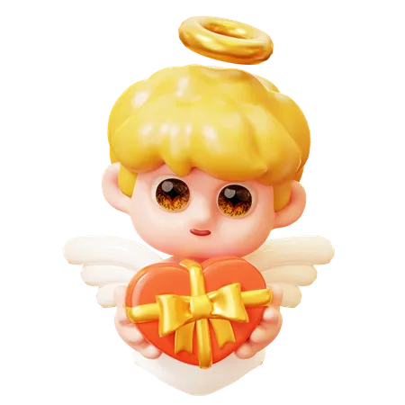 3 D Cute Cartoon Funny Cupid Holding Heart Gift Box Little Angels Or Amur Cute Little Kids With Heart Wings Happy Valentines Day Love And Romantic Concept 3D Icon