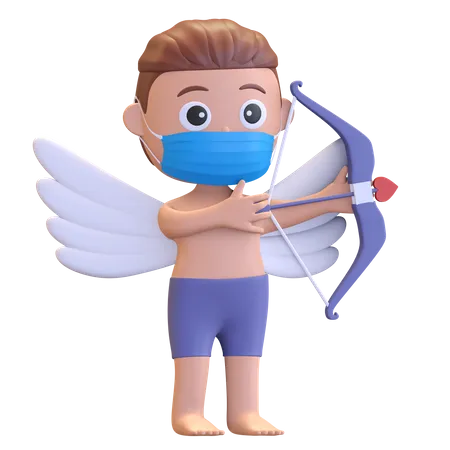 Cupido con máscara sosteniendo un arco  3D Illustration