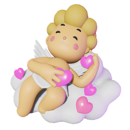 Cupido fofo dormindo na nuvem com abraços de amor  3D Illustration