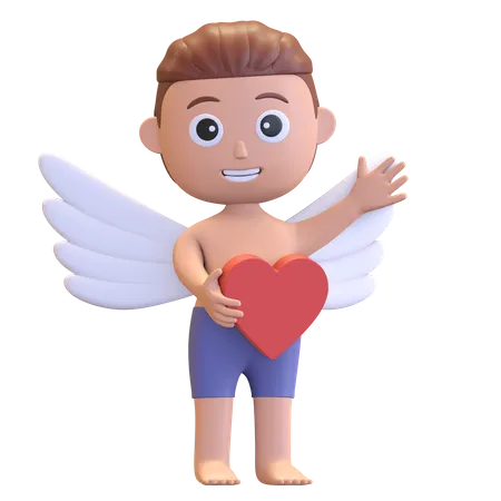 Menino cupido segurando coração  3D Illustration