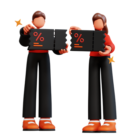 Casal jovem segurando cupom de desconto  3D Illustration