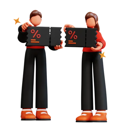 Casal jovem segurando cupom de desconto  3D Illustration