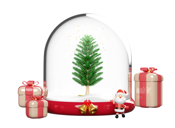 Cúpula de cristal de Navidad presente para Navidad.  3D Illustration