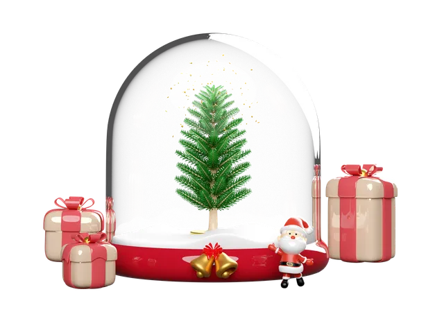 Cúpula de cristal de Navidad presente para Navidad.  3D Illustration