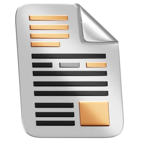 This Icon Represents A 3 D Rendered Document With A Curled Corner Symbolizing The Creation Management And Storage Of Digital Files The Metallic Accents Highlight Sections Of The Text Suggesting A Dynamic And Interactive Element Suitable For Software That Handles Document Processing Office Administration Or Content Organization 3D Icon