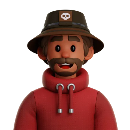 CURLY HAIR MAN WITH BUCKET HAT  3D Icon