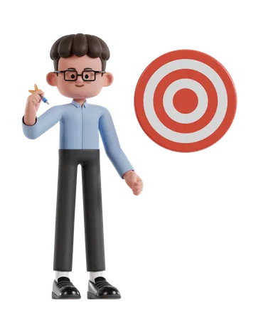 3 D Illustration Of Cartoon Curly Haired Businessman Wearing Glasses Is Aiming At Target With Darts 3D Illustration