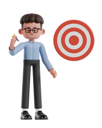 Curly Haired Businessman Aiming At Target With Darts  3D Illustration