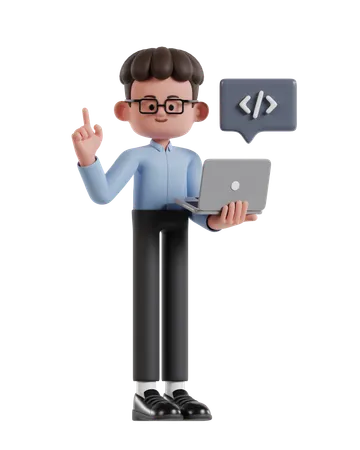 3 D Illustration Of Cartoon Curly Haired Businessman Wearing Glasses Developing Website On Laptop 3D Illustration